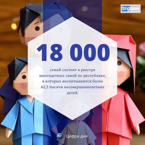 По информации Министерства труда и социальной политики, в реестре многодетных семей по республике состоит около 18 тысяч семей, в которых воспитываются более 62,5 тысячи несовершеннолетних детей